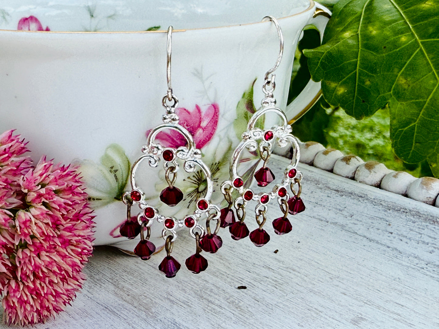 Sterling Silver Ruby Swarovski Crystal Dangly Fancy Earrings