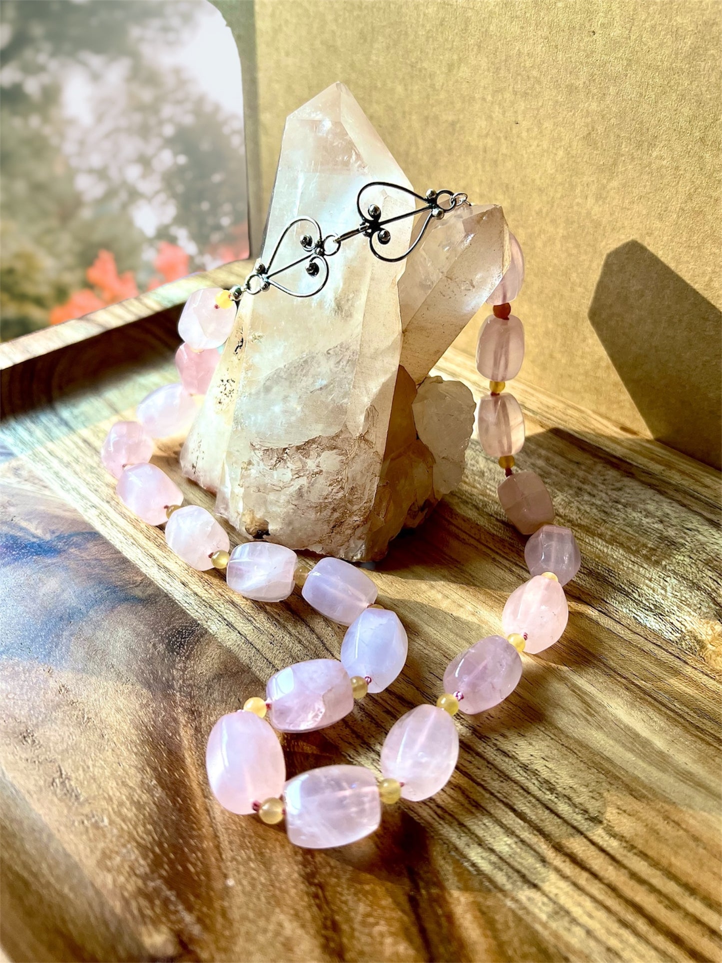 Rose Quartz Citrine Beaded Hand Knotted Statement Gemstone Choker Necklace W/ Fancy Sterling Clasp