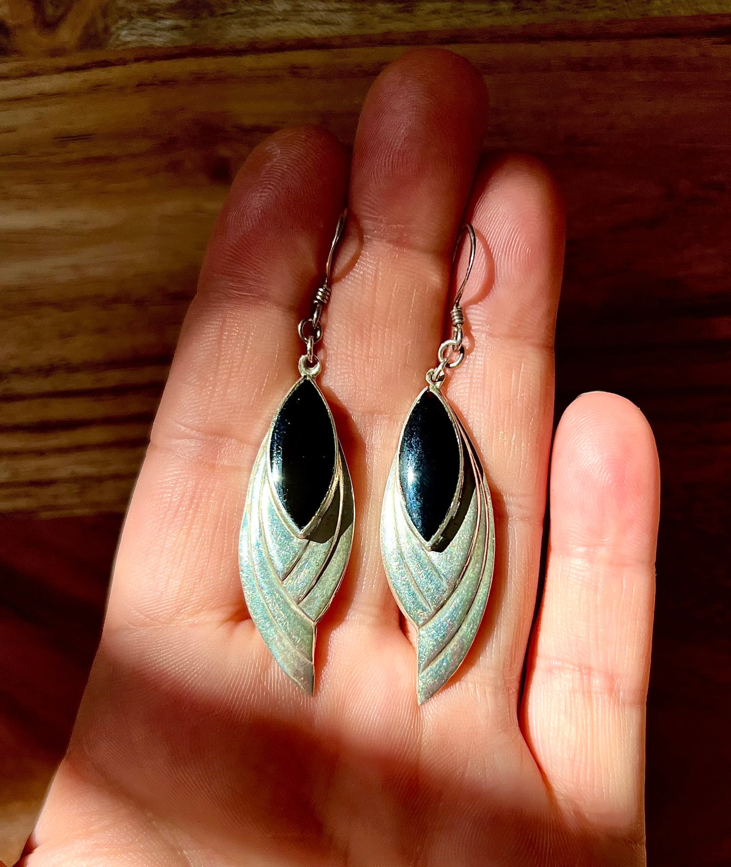 Sterling Silver 925 Black Onyx Feather Style Dangly Earrings