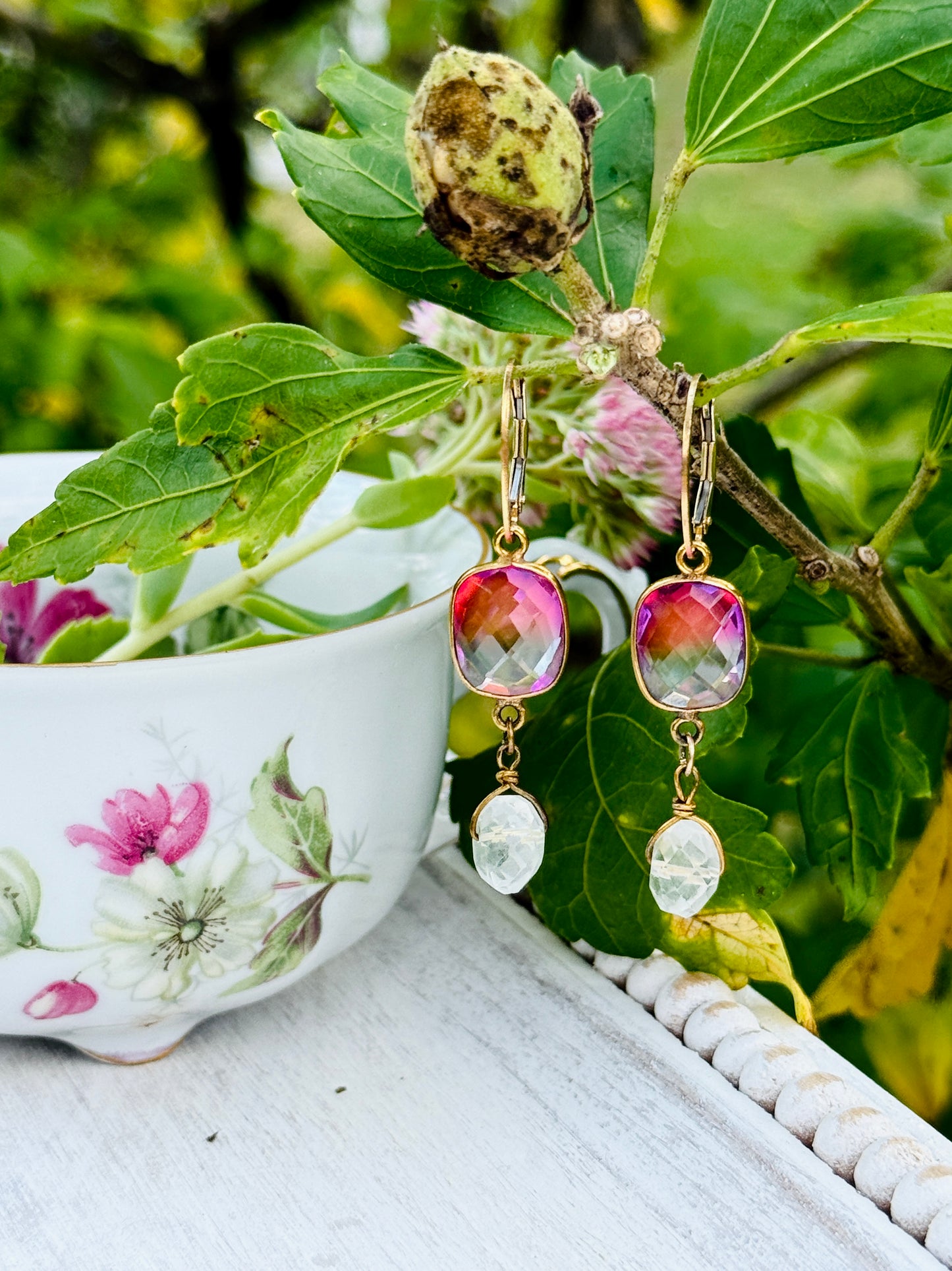Pink Ombré Quartz Glass and Blue Topaz Gemstone Dangle Drop Earrings, Popping Colors, Gold Plated Metal