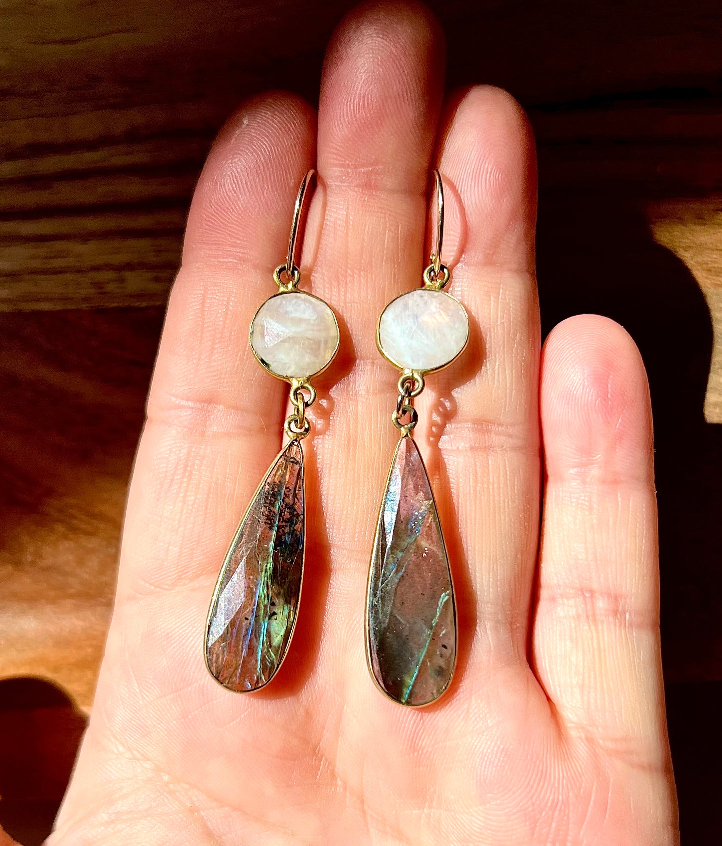 Shimmer & Shine Labradorite and Moonstone Dangle Drop Earrings, Blue Green Shimmer, Gold Plated Metal