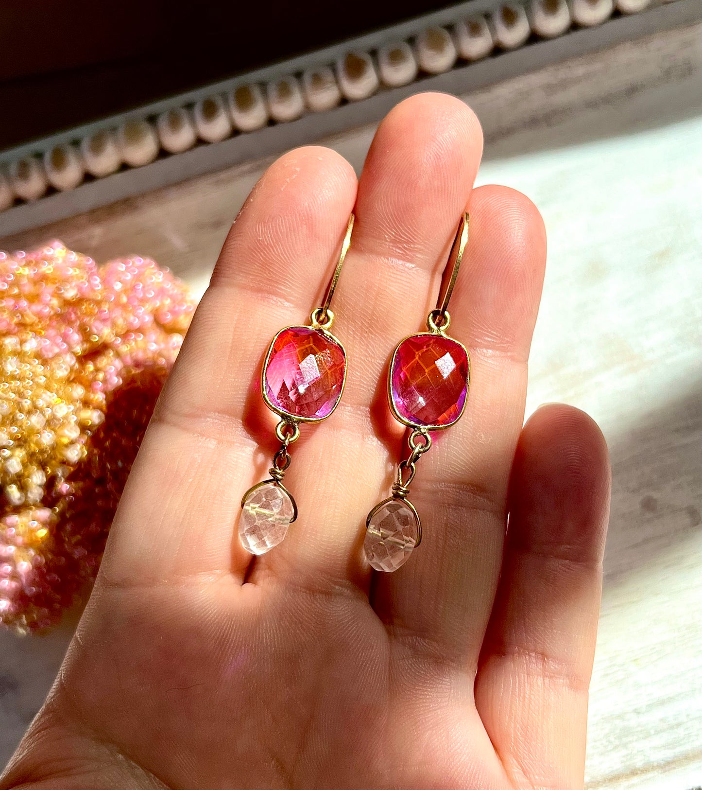 Pink Ombré Quartz Glass and Blue Topaz Gemstone Dangle Drop Earrings, Popping Colors, Gold Plated Metal
