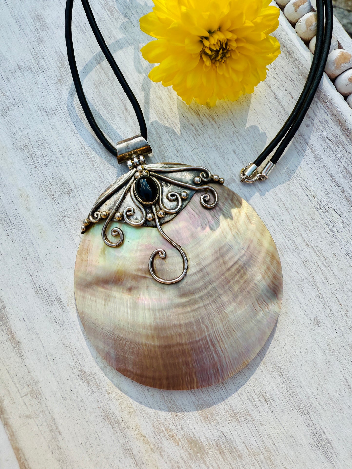 Sterling Silver Abalone Shell & Onyx Necklace – Leather Cord Statement Pendant
