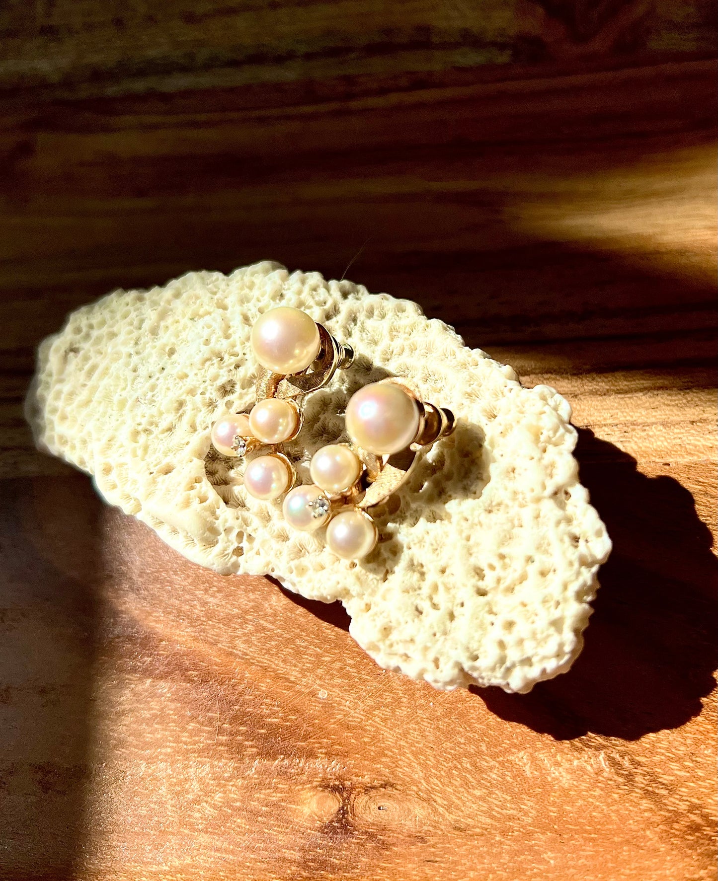 14K Yellow Gold Freshwater White Akoya Pearls w/ Single Diamond Earrings