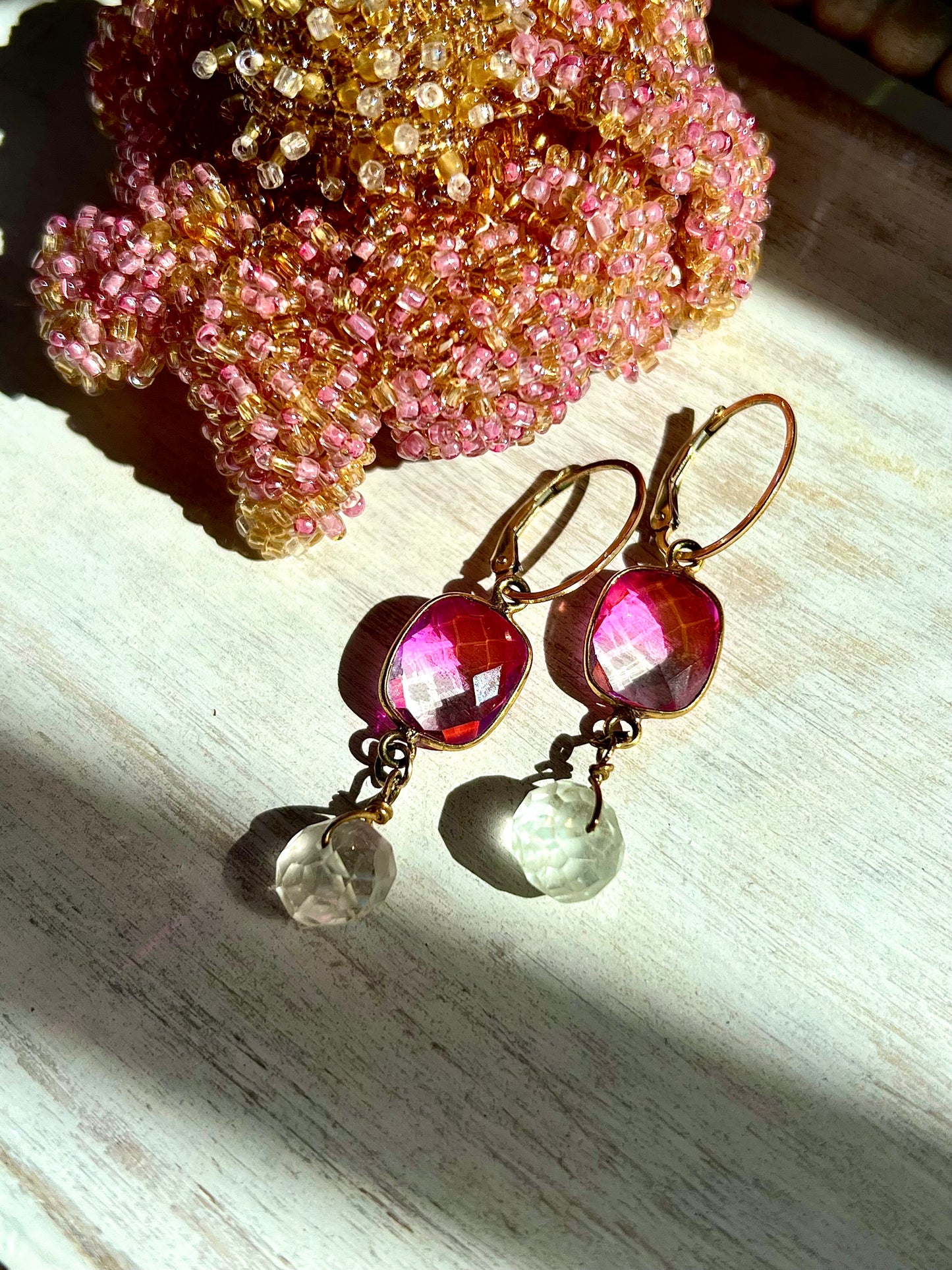 Pink Ombré Quartz Glass and Blue Topaz Gemstone Dangle Drop Earrings, Popping Colors, Gold Plated Metal