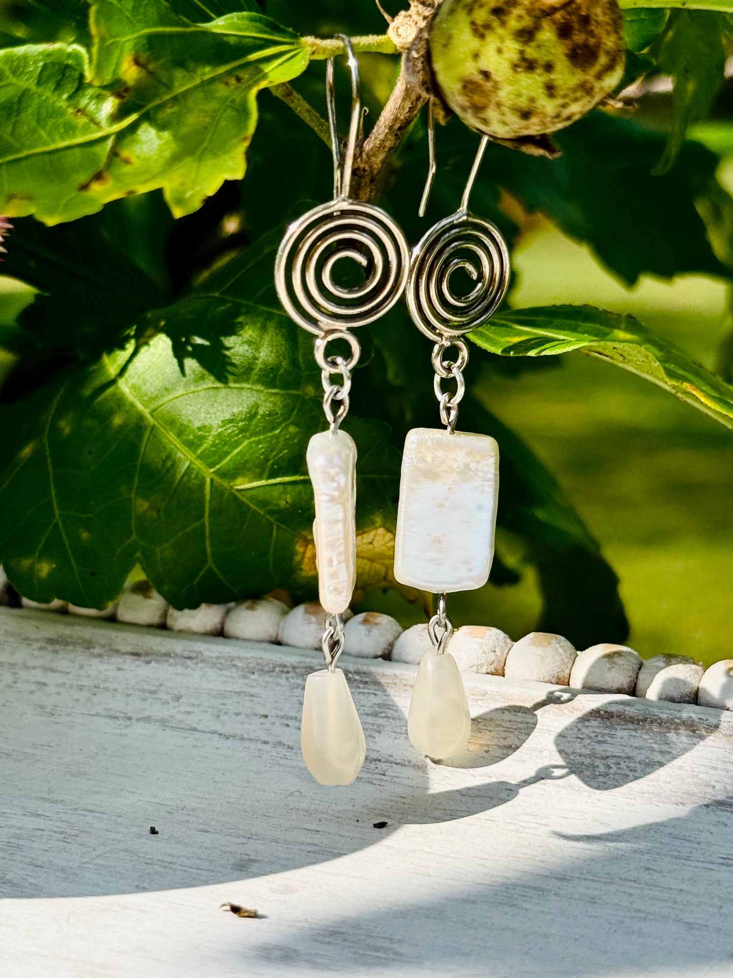 Handcrafted Sterling Silver Pearl and Moonstone Earrings – Spiral Drop Design