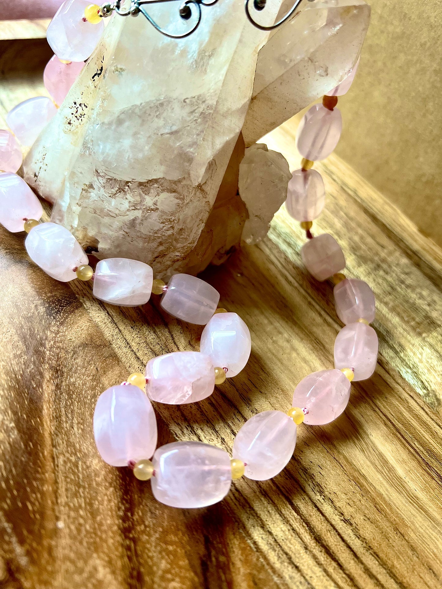 Rose Quartz Citrine Beaded Hand Knotted Statement Gemstone Choker Necklace W/ Fancy Sterling Clasp