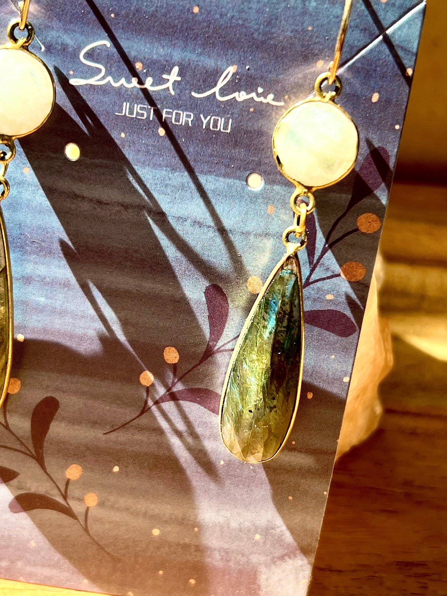 Shimmer & Shine Labradorite and Moonstone Dangle Drop Earrings, Blue Green Shimmer, Gold Plated Metal