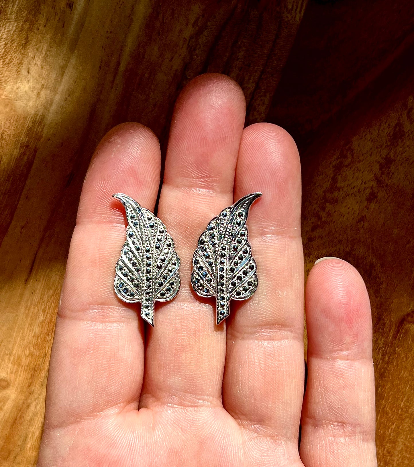 Sterling Silver 925 Marcasite Vintage Leaf Screw Back Earrings