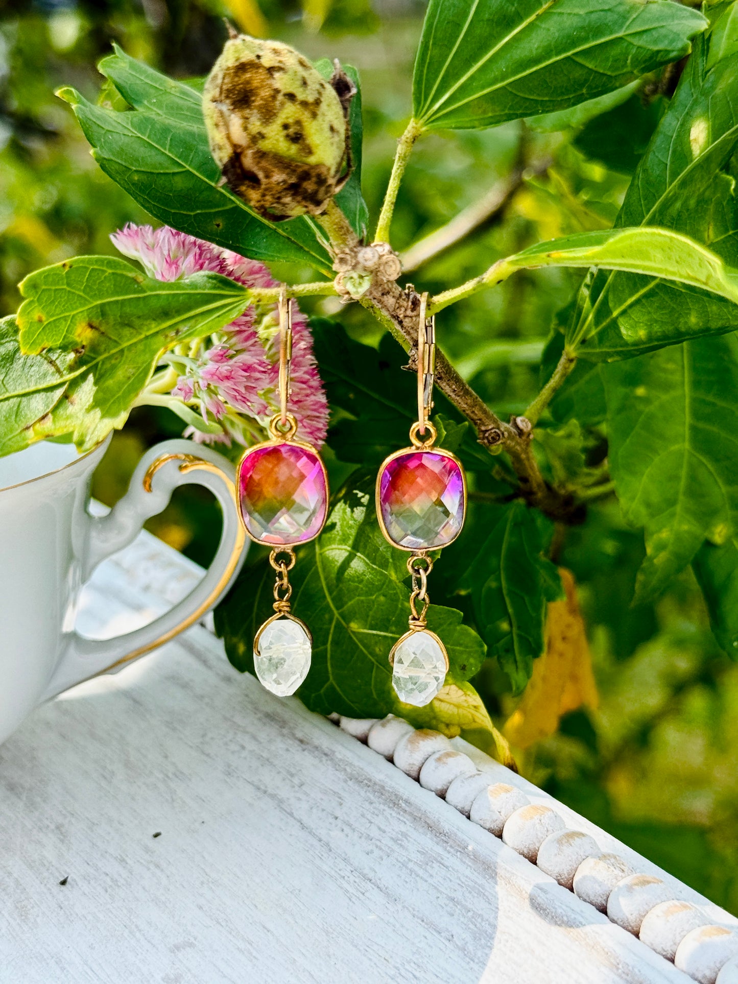 Pink Ombré Quartz Glass and Blue Topaz Gemstone Dangle Drop Earrings, Popping Colors, Gold Plated Metal