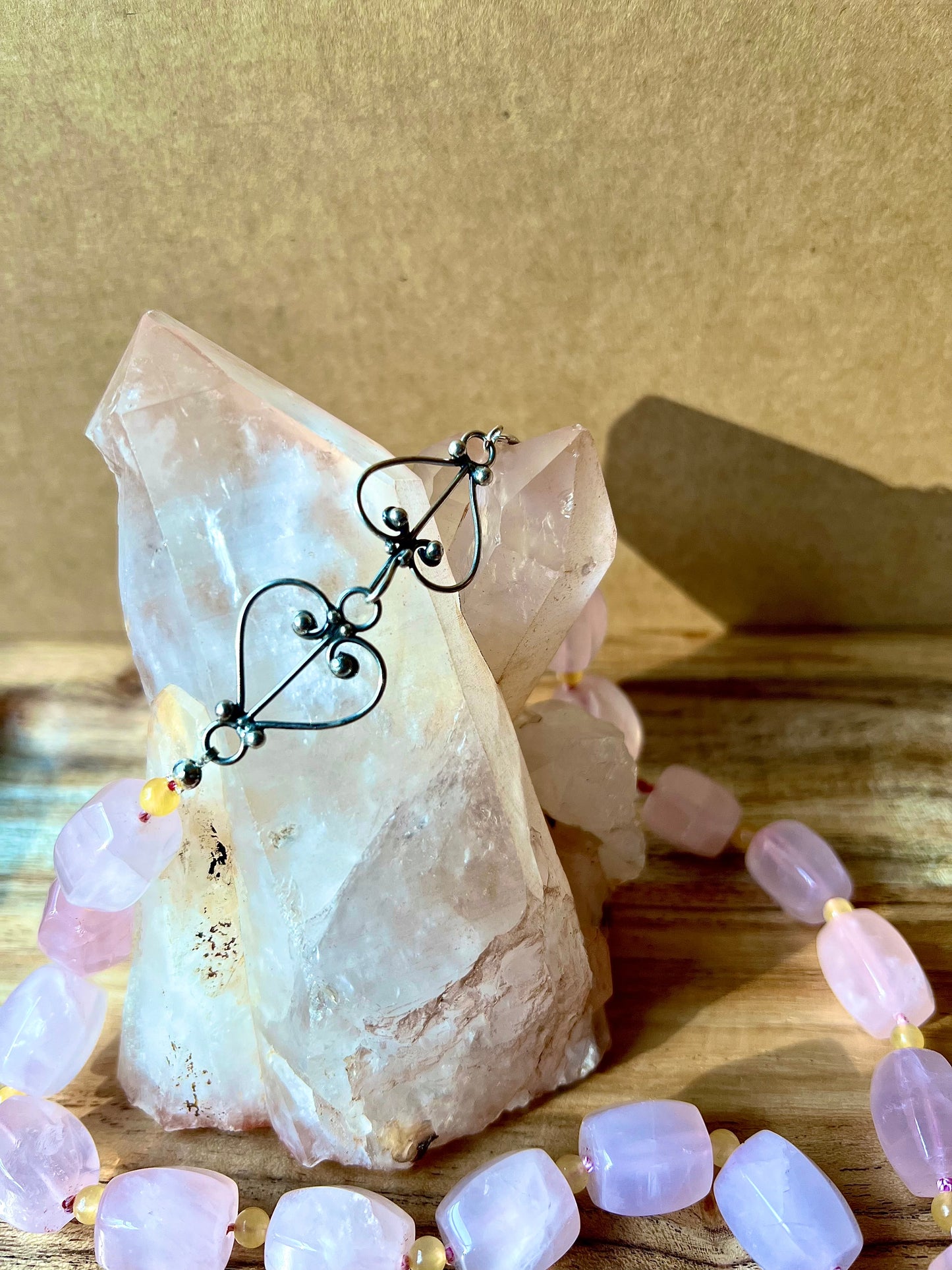 Rose Quartz Citrine Beaded Hand Knotted Statement Gemstone Choker Necklace W/ Fancy Sterling Clasp