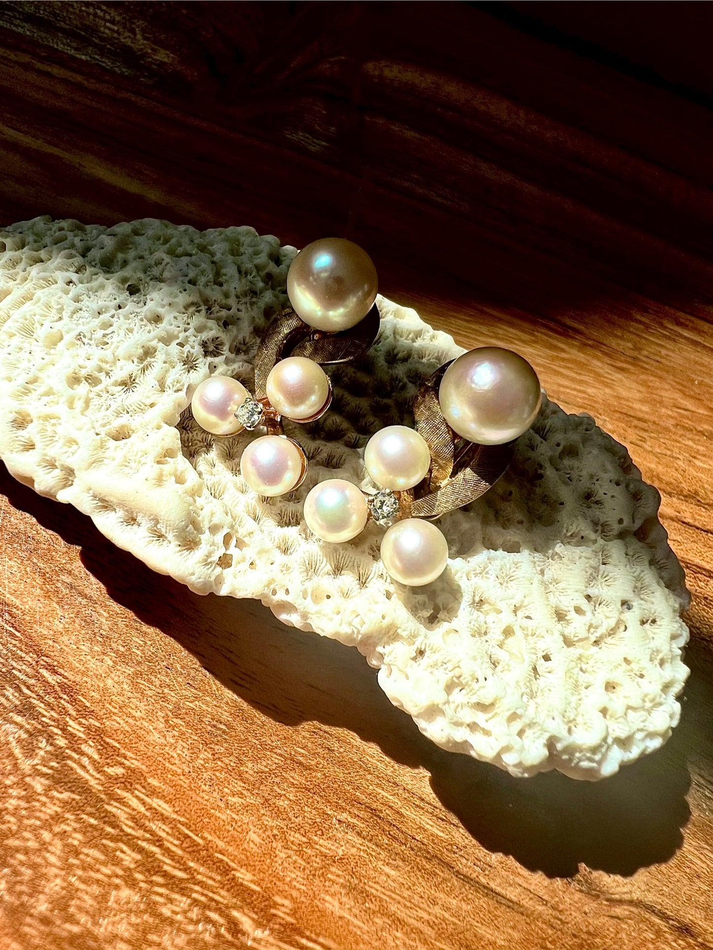 14K Yellow Gold Freshwater White Akoya Pearls w/ Single Diamond Earrings