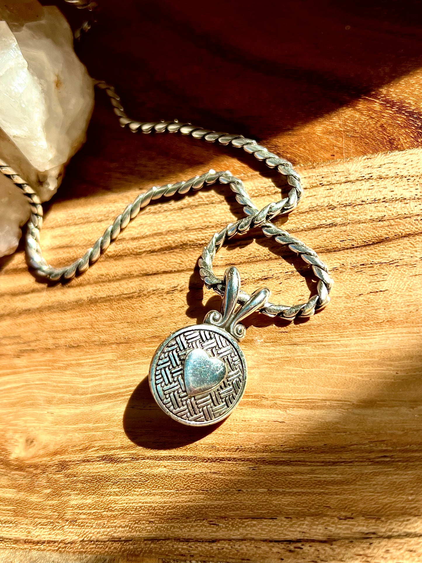 Brighton Vintage Necklace, Signed, Silver Tone Metal, Swarovski Crystal, Art Deco, Art nouveau, Double Sided Pendant Heart