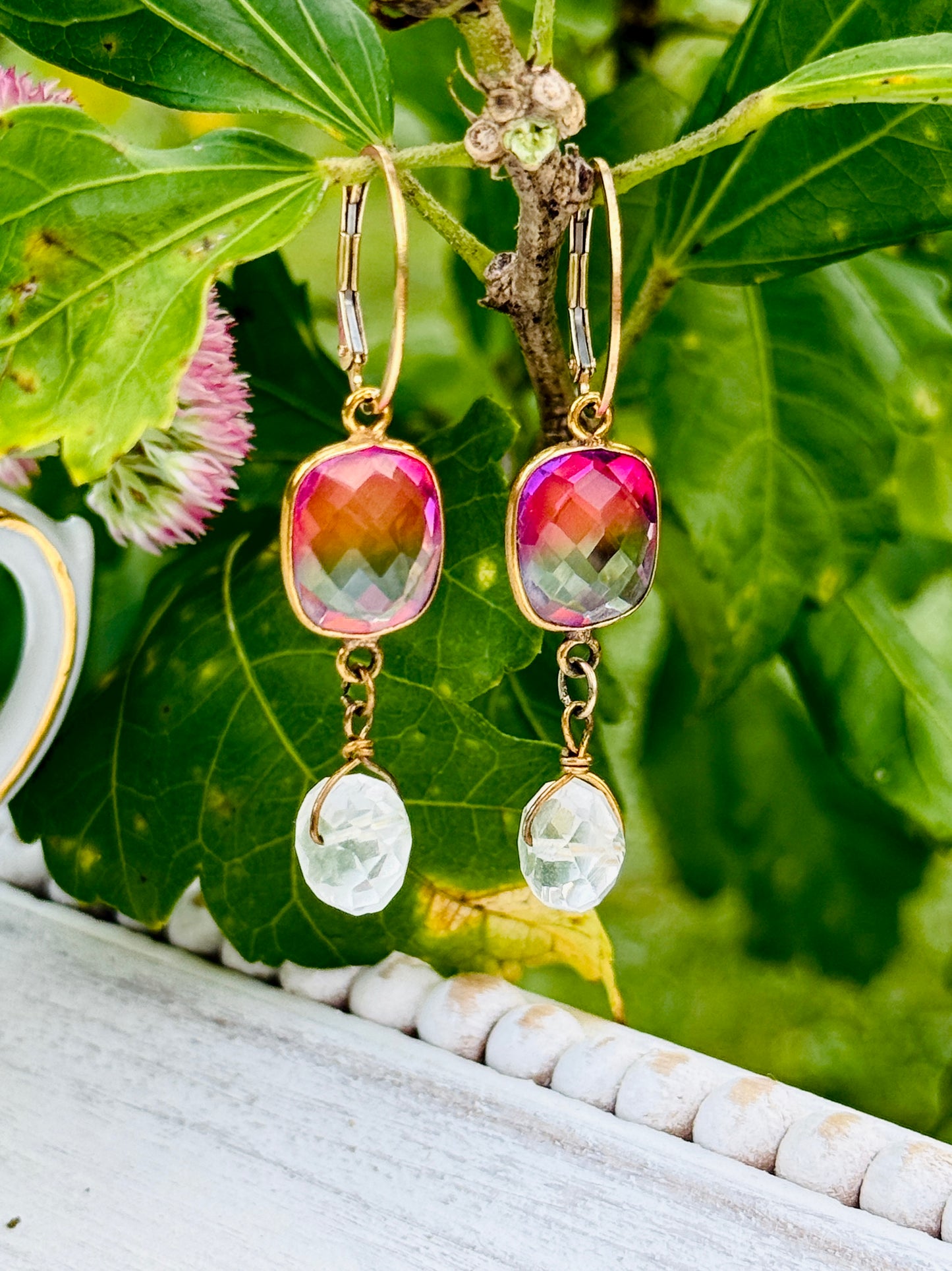 Pink Ombré Quartz Glass and Blue Topaz Gemstone Dangle Drop Earrings, Popping Colors, Gold Plated Metal