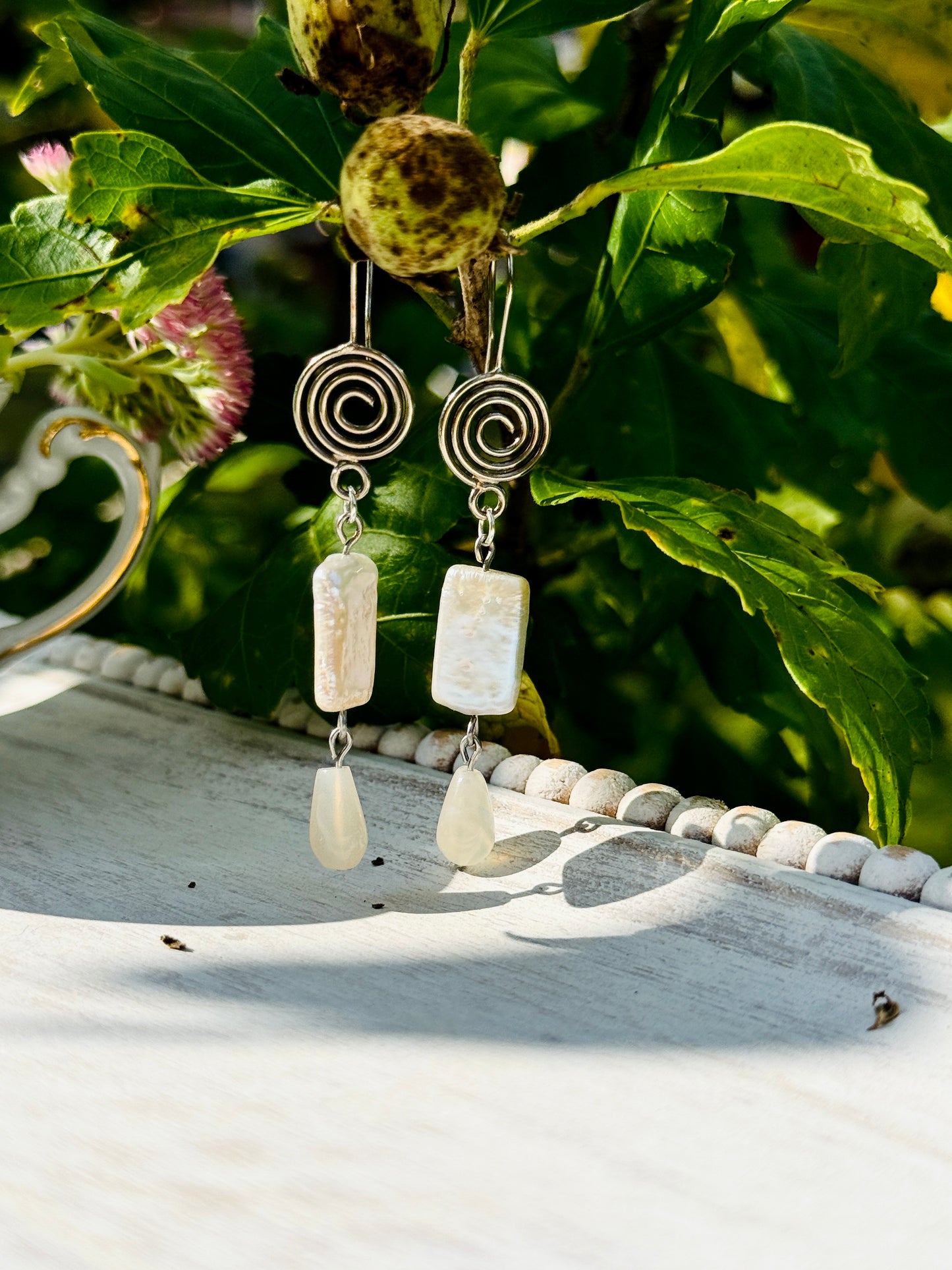 Handcrafted Sterling Silver Pearl and Moonstone Earrings – Spiral Drop Design