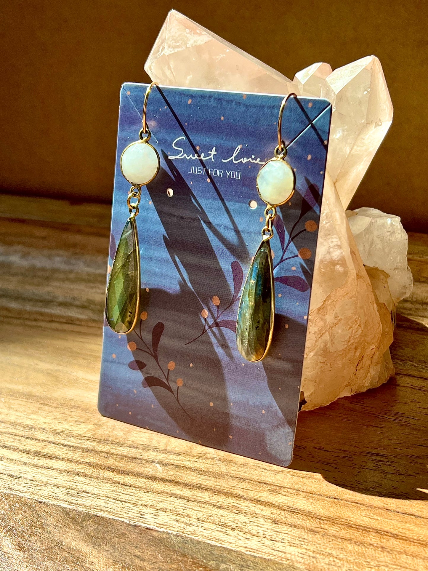 Shimmer & Shine Labradorite and Moonstone Dangle Drop Earrings, Blue Green Shimmer, Gold Plated Metal