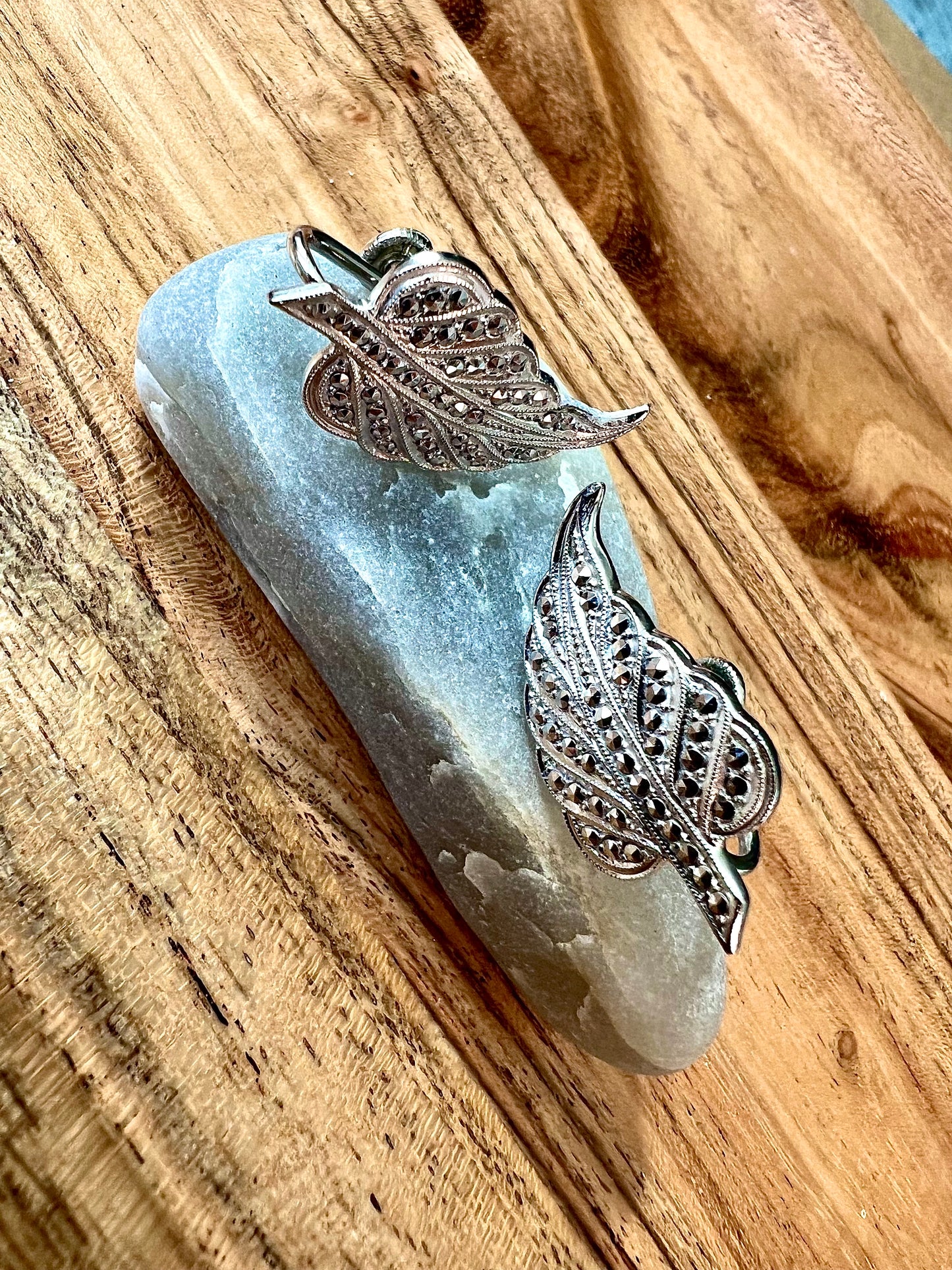 Sterling Silver 925 Marcasite Vintage Leaf Screw Back Earrings