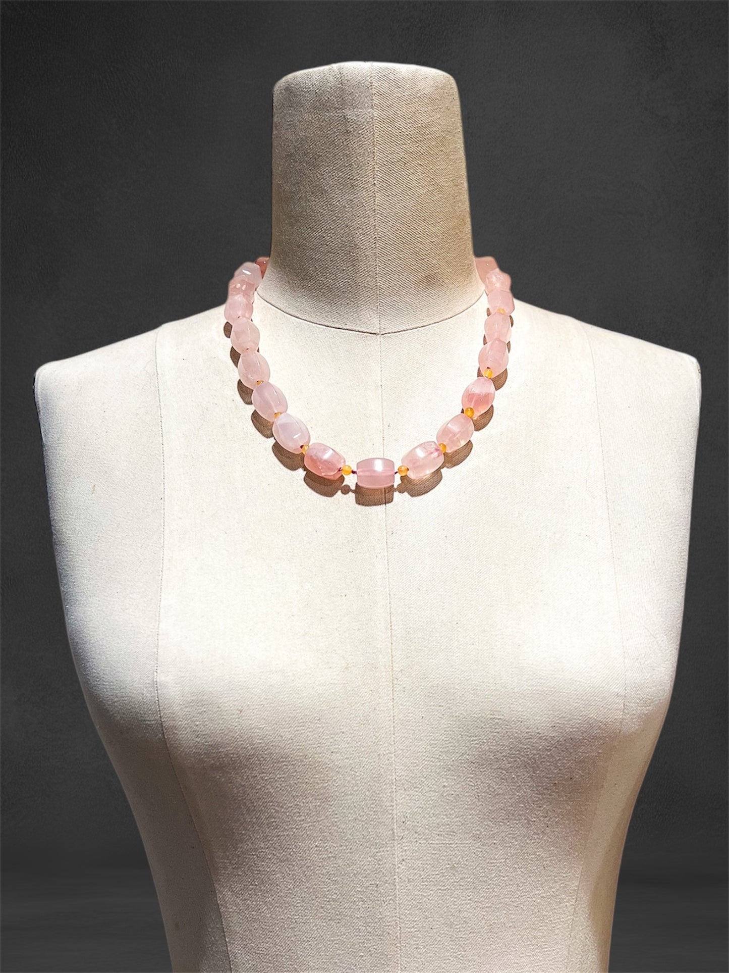Rose Quartz Citrine Beaded Hand Knotted Statement Gemstone Choker Necklace W/ Fancy Sterling Clasp