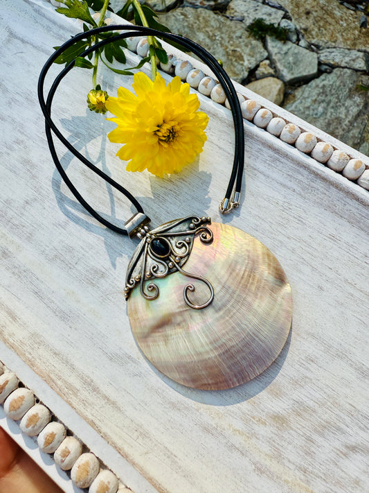 Sterling Silver Abalone Shell & Onyx Necklace – Leather Cord Statement Pendant