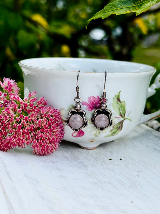 Sterling Silver Rose Quartz Floral Earrings – Vintage Romantic Jewelry