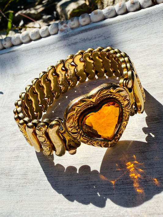 Vintage Victorian-1950s Gold Sweetheart Bracelet – Heart Shaped Amber Glass Expansion Bangle