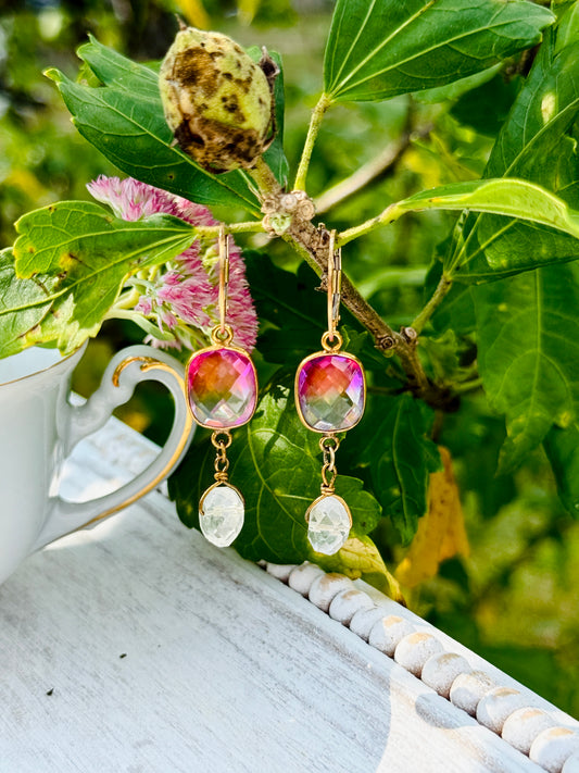 Pink Ombré Quartz Glass and Blue Topaz Gemstone Dangle Drop Earrings, Popping Colors, Gold Plated Metal