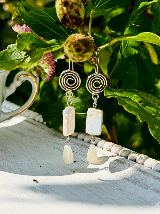 Handcrafted Sterling Silver Pearl and Moonstone Earrings – Spiral Drop Design