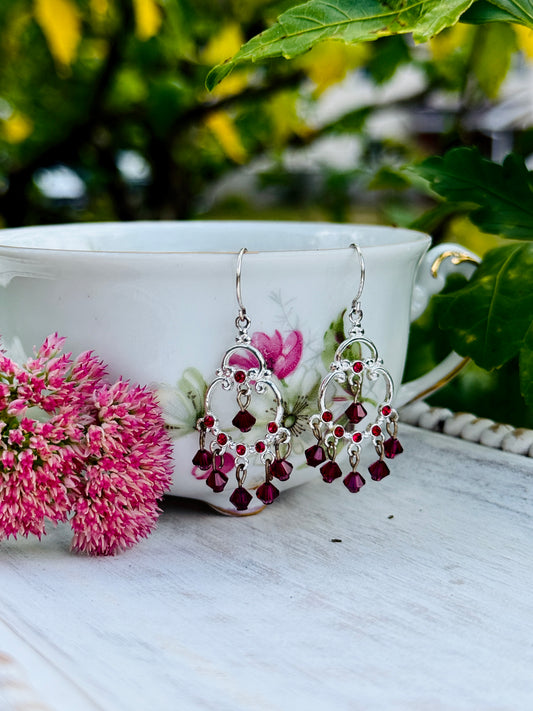 Sterling Silver Ruby Swarovski Crystal Dangly Fancy Earrings