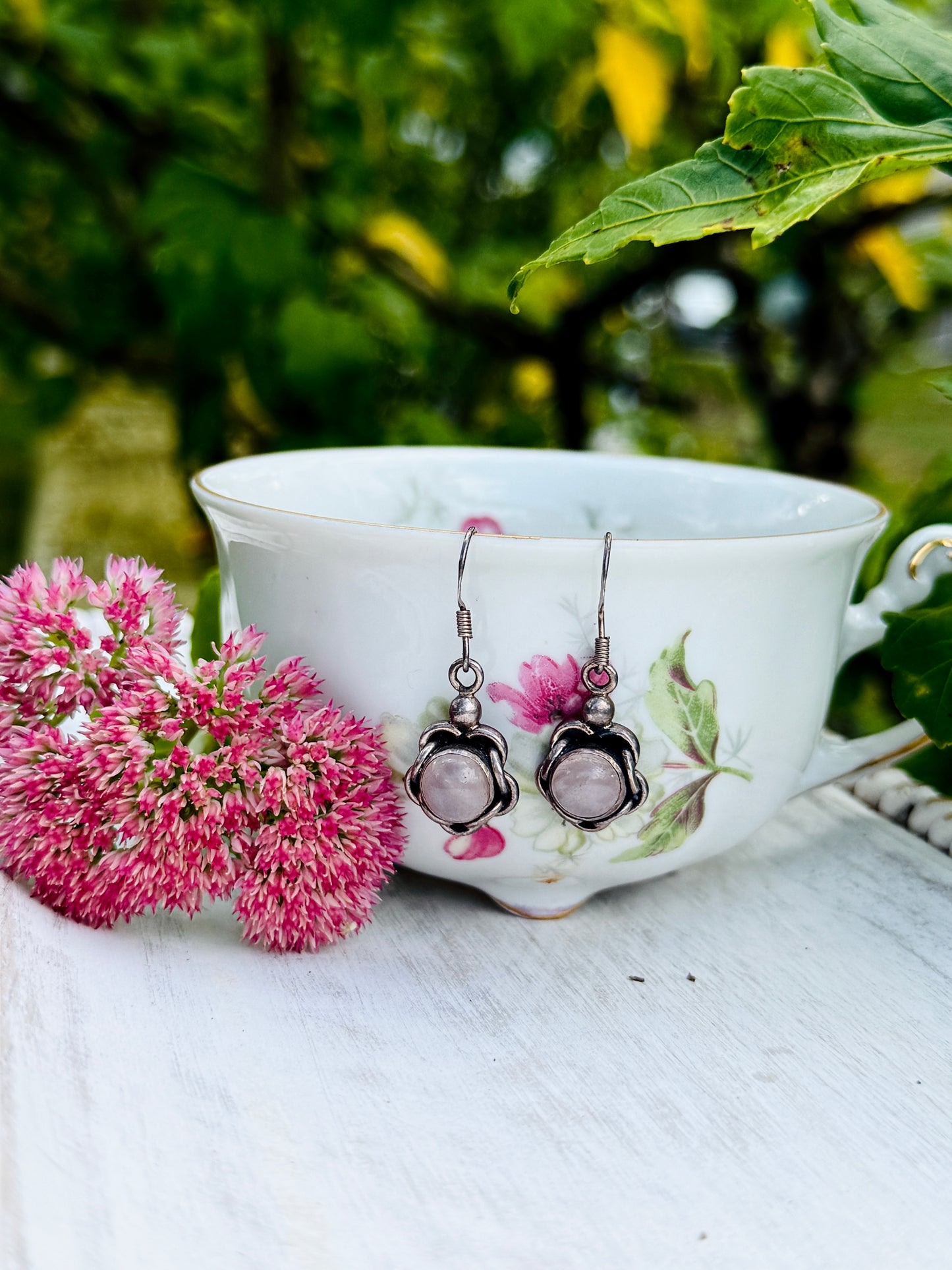 Sterling Silver Rose Quartz Floral Earrings – Vintage Romantic Jewelry