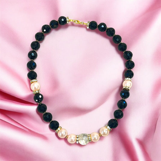 Marilyn Monroe Inspired Faceted Black Glass Crystal with Pink Faux Pearls