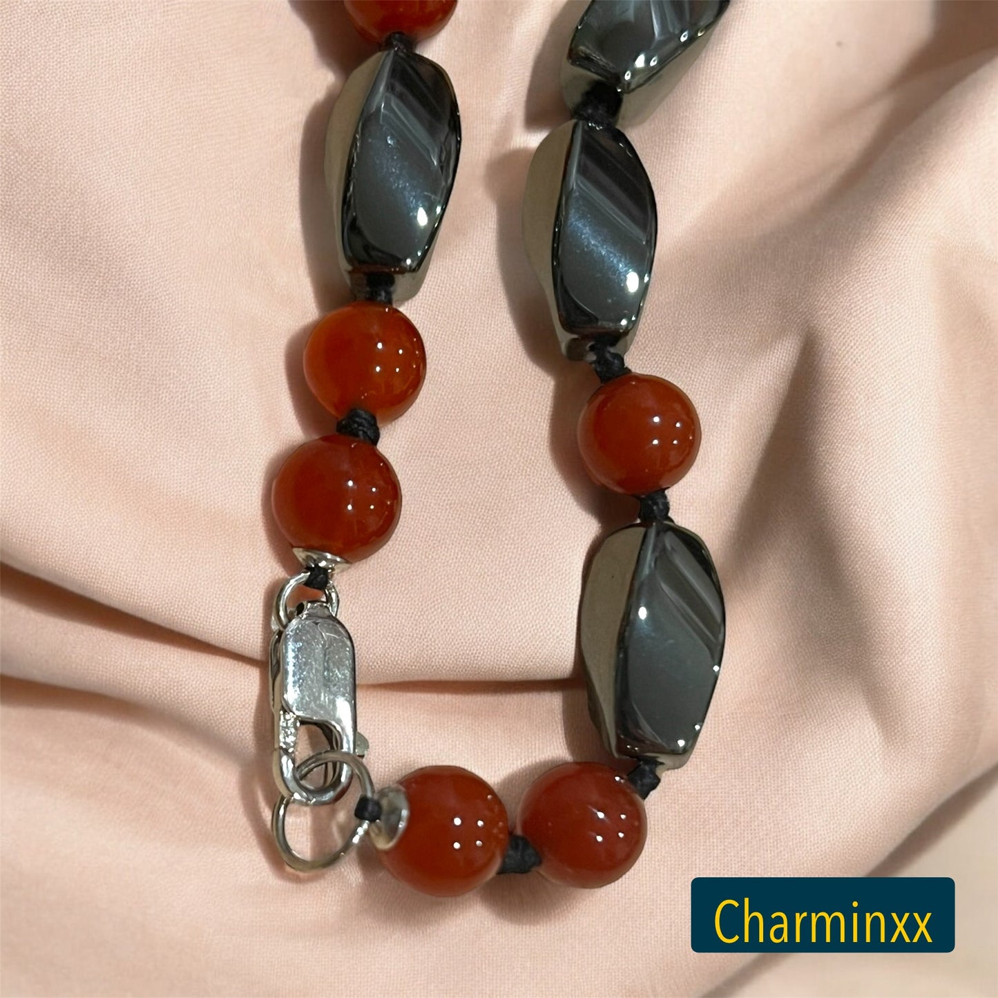 Sterling Hand Knotted Carnelian Hematite Long Necklace